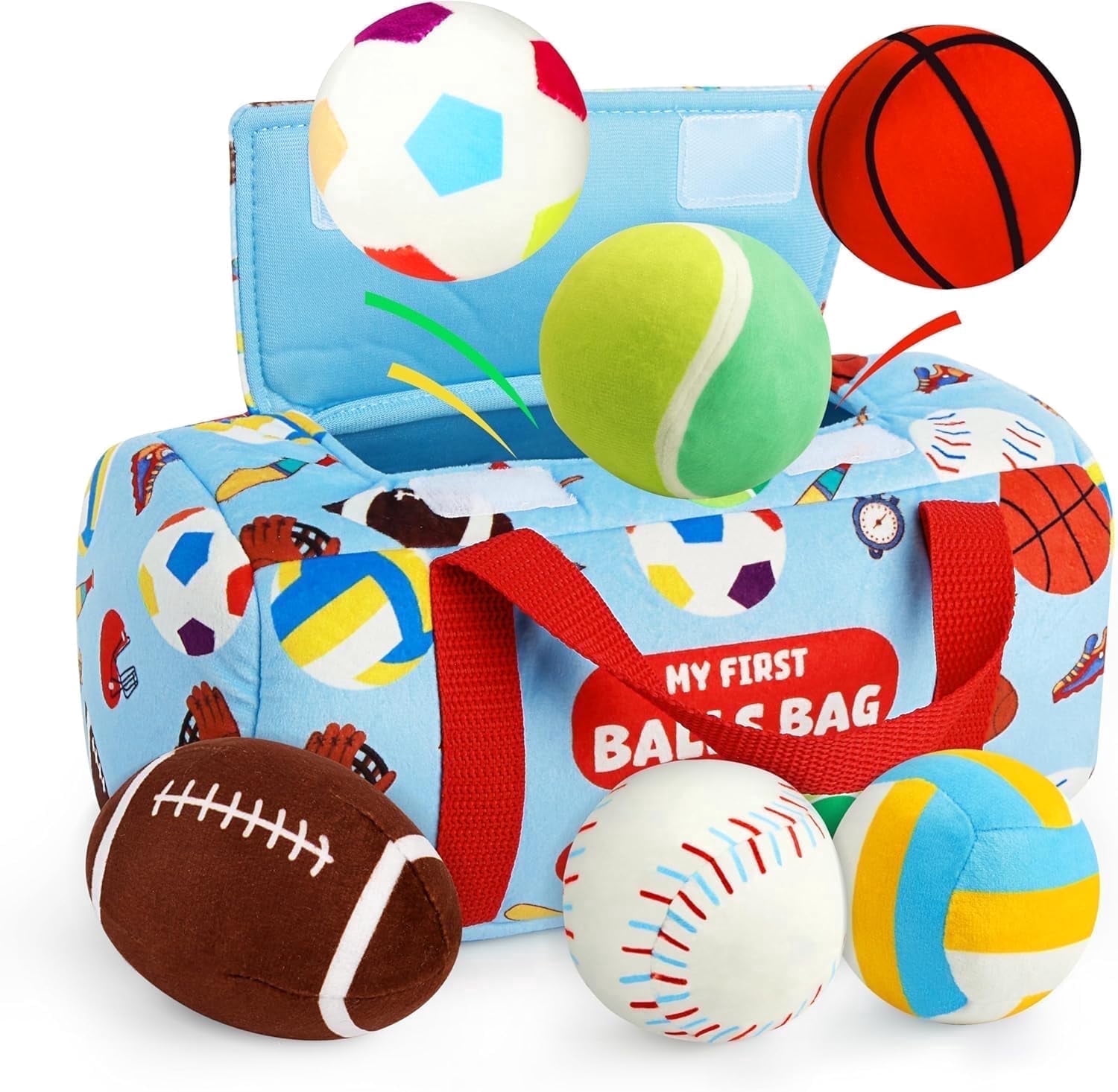 Vanmor Sensory Sports Balls for Babies 6-12M+, 6 Pack Machine Washable Plush Ball Set with Crinkle, Rattles, Squeaky Sounds, Toddler Learning Toys with Travel Bag, Baby Shower Birthday for Newborn