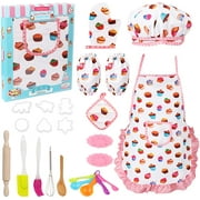 Vanmor Cute Kids Cooking and Baking Set, 24 Pcs Kids Aprons for Girls Toddler Chef Hat Apron Dress Up Chef Costume , Little Girl Apron Set Pretend Play Cooking Baking Gifts for 3 4 5 6 Year Old Girls