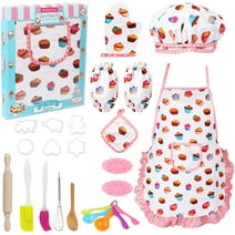 Vanmor Cute Kids Cooking and Baking Set, 24 Pcs Kids Aprons for Girls Toddler Chef Hat Apron Dress Up Chef Costume , Little Girl Apron Set Pretend Play Cooking Baking Gifts for 3 4 5 6 Year Old Girls