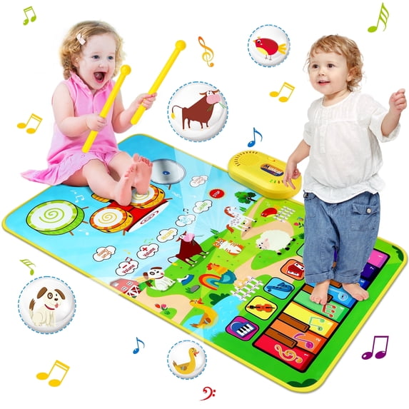 Vanmor Musical Mat for Kids, Musical Toys Child Floor Piano Keyboard and Drum Mat Carpet with 2 Sticks, Animal Blanket Touch Play Mat Pads , Christmas Birthday Gifts for Girls Boys