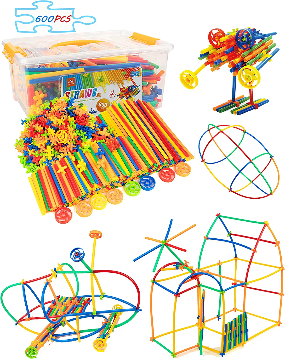 Vanmor Straw Constructor STEM Building Toys 600Pcs Interlocking Toys Engineering Toys Thin Tube Blocks Connectors Toy Educational Toy Kit for Kids 3 4 5 6 7+ Years Boys and Girls