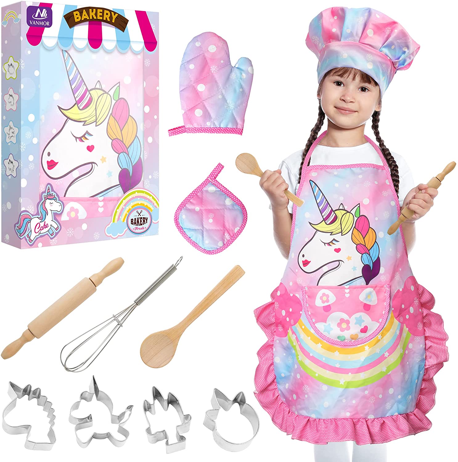 Vanmor Unicorn Kids Cooking and Baking Set, 11Pcs Kids Aprons for Girls,  Kids Chef Hat and Pink Apron, Mitt & Utensil for Toddler Dress Up Chef