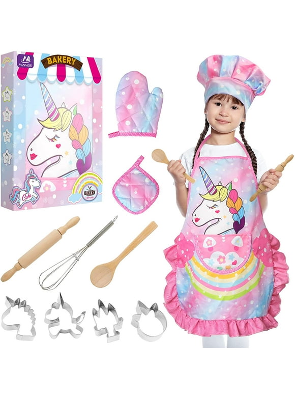 Vanmor Unicorn Kids Cooking and Baking Set, 11Pcs Kids Aprons for Girls, Kids Chef Hat and Pink Apron, Mitt & Utensil for Toddler Dress Up Chef Costume Birthday Gifts