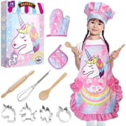 Vanmor Unicorn Kids Cooking and Baking Sets, 11Pcs Kids Aprons for Girls, Kids Chef Hat and Pink Apron, Mitt & Utensil for Toddler Dress up Chef Costume Gifts for 3 4 5 6 7 8 Years Old Girls