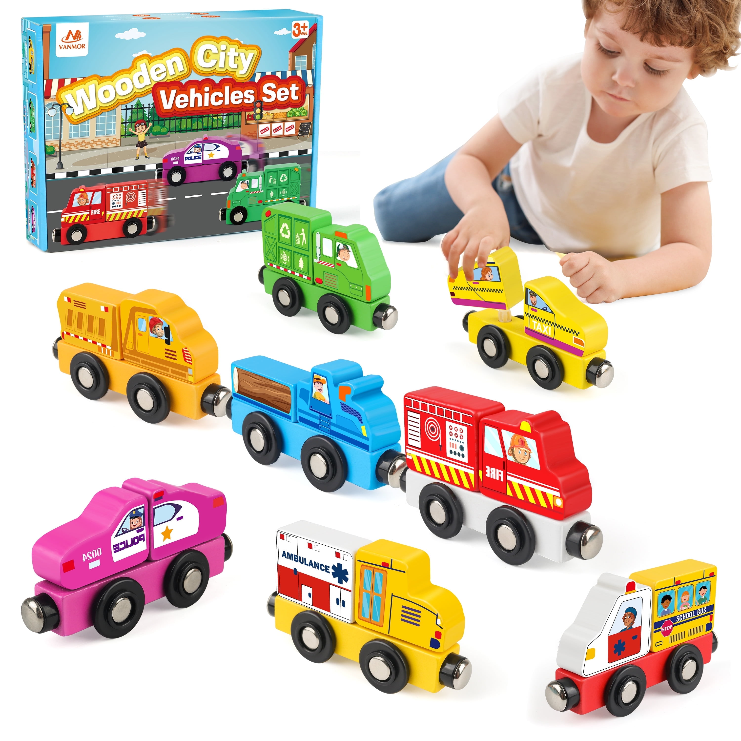 Vanmor Wooden Car Vehicle Set, 8 PCS City-Themed Train for Toddlers, Montessori Fine Motor Skills Educational Toy for Kids Aged 3 for Imaginative Play and Development