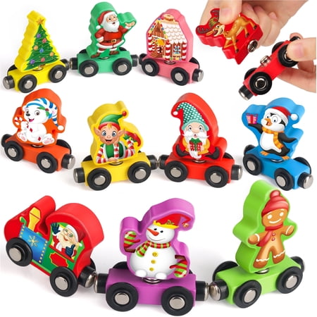 Vanmor Wooden Christmas Train Set, 11-Piece Xmas Shaped Snap-Connection Train for Kids, Wooden Puzzle Toys for Christmas & Birthday Gifts for Kids Aged 3-5