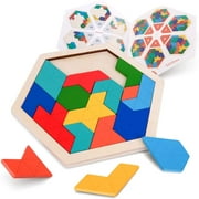 Vanmor Wooden Hexagon Tangram Puzzle for Kids Adults - Geometry Shape Pattern Blocks Brain Teaser Toy with 60 Solution, Fun Challenging Logic Mind Game STEM Activity for All Ages