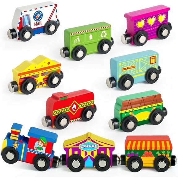 Vanmor Wooden Magnetic Train Set for Kids, 10-Piece Educational Toy Cars with Magnets, Includes Storage Bag, Skill-Building Wooden Trains for Boys & Girls, for Kids 3-5 and 4-8 Years