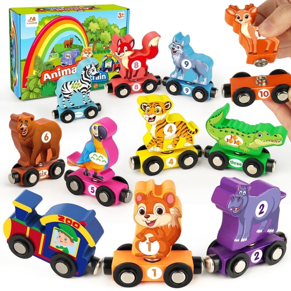 Vanmor Wooden Train Set with Animal Toys, Snap-Connection Animal Train, Matching and Number Train Learning Toys, Fine Motor Skill Educational Toy Gift for 3 4 5 Years Old Kids
