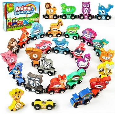 Vanmor Wooden Train Set for Toddlers - Snap-Connection Animal Trains, Magnetic Alphabet Train Learning Toys, STEM Preschool Toys, ABC and Animal Play Set for Kids Ages 3-5 Christmas Gifts for Kids