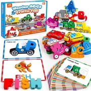 Wooden Alphabet Puzzle Learning Toys for Kids Ages 3-5 , Traffic ABC Letter Sight Words Matching Game with 52 Blocks and Flash Cards, Montessori Spelling Game Preschool Toys for Kids 4-8
