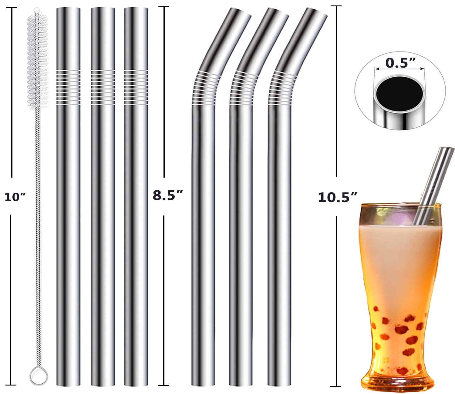 4th Utensil Reusable Bent Stainless Steel Straws with Removable Silicone Tips and 1 Cleaning