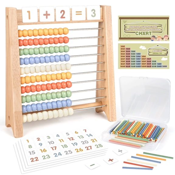 Vanplay Kids Math Abacus Wooden Educational Toy with 100 Counting Sticks and 112 Math Cards, 4 Pack