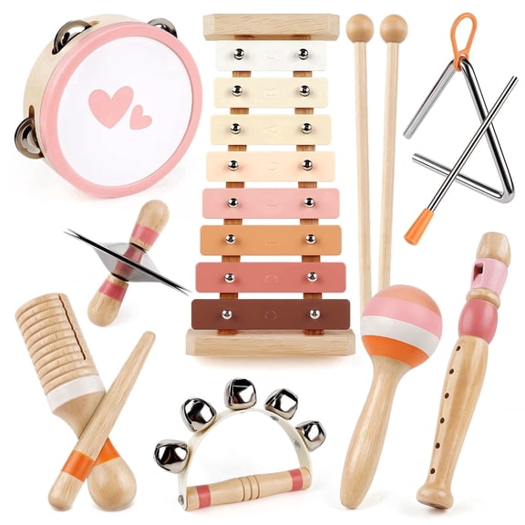 Vanplay Wooden Musical Instrument Set for Toddlers, 8-Piece with Xylophone and Drums