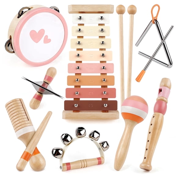 Vanplay Wooden Musical Instrument Set for Toddlers, 8-Piece with Xylophone and Drums