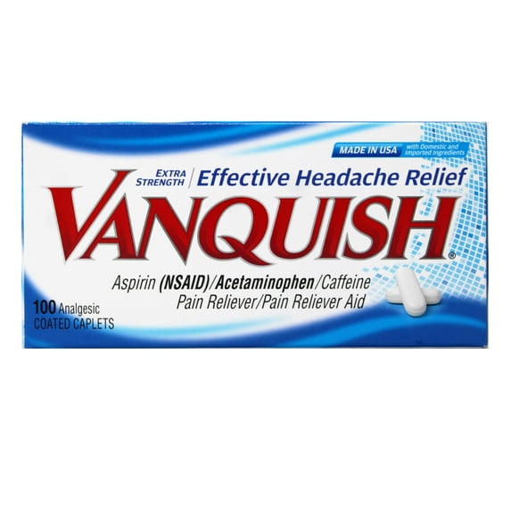 Vanquish Effective Headache Relief – Aspirin (NSAID), Acetaminophen, Caffeine, 100 Analgesic Coated Caplets, -3 Pack