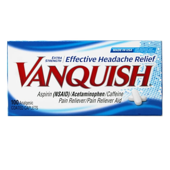 Vanquish Effective Headache Relief Aspirin (NSAID), Acetaminophen, Caffeine, 100 Analgesic Coated Caplets, -3 Pack