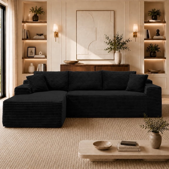 Vanress 105" Boneless Sofa Modular Sectional Couch, Cloud Sofa with Deep Seat, L-Shape Couch with Chaise, Corduroy Upholstered Sofa for Living Room, No Assembly, Black (Left Facing Chaise)