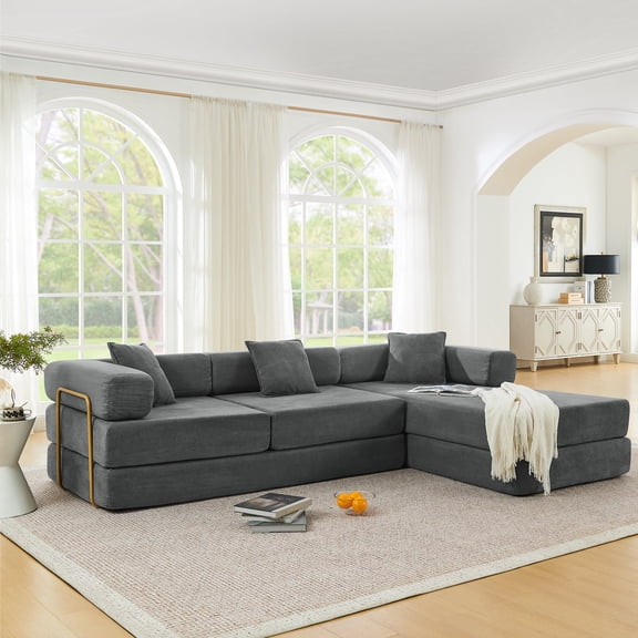 Vanress 108" Modular Sectional Sofa Bed, Convertible Folding Sofa Bed, Modern Cloud Corduroy Boneless Sofa with Deep Seat, Fold-Out Futon Couch Bed for Living Room, No Assembly Required, Grey