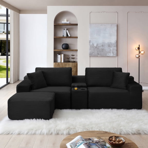 Vanress 111" Modular Sectional Sofa Couch for Living Room, Corduroy Boneless Sofas, Oversized Modern Cloud Couch, L Shape Couches with Ottomans, USB Ports and Cup Holders, Black