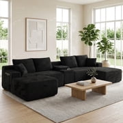 Vanress 140" Modular Sectional Sofa, Boneless Sofa Cloud Sofa for Living Room, Corduroy U Shaped Cloud Sectional Couch with Cupholders, Modern Deep Seat Modular Sofa, No Assembly, Black