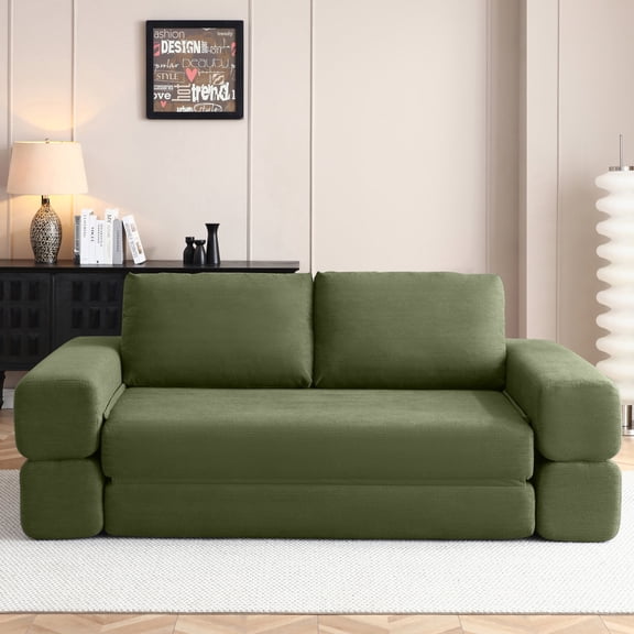 Vanress 81 Inch Convertible Sleeper Sofa Bed, Folding Floor Mattress Couch, Futon Corduroy Boneless Couch Lounge Loveseat with Pull Out Bed, No Assembly Required for Living Room & Bedroom, Green