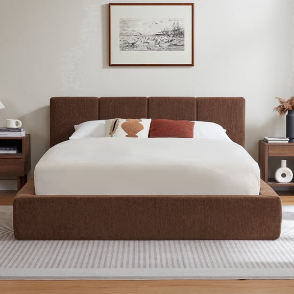 Vanress Queen Size Bed Frame with Headboard, Cloud Upholstered Platform Bed Frame, 4.1 Inch Foam Cushioned, No Box Spring, Easy Assembly, Brown