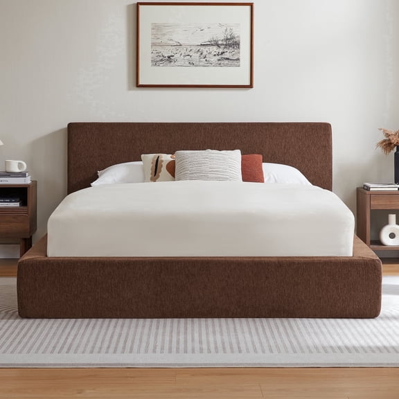 Vanress Queen Size Bed Frame with Headboard, Cloud Upholstered Platform Bed Frame, 4 Inch Foam Cushioned, No Box Spring, Easy Assembly, Brown