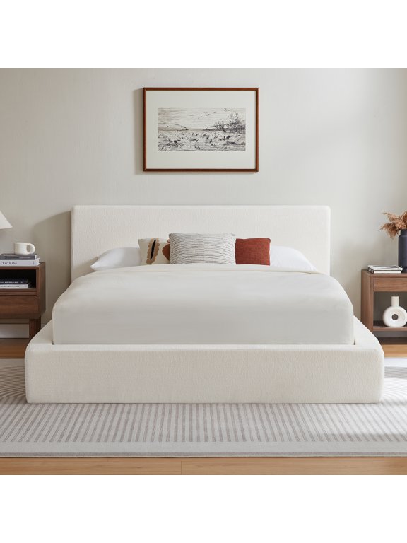 Queen Size Bed Frame with Headboard, Cloud Upholstered Platform Bed Frame, 4 Inch Foam Cushioned, No Box Spring, Easy Assembly, Cream White