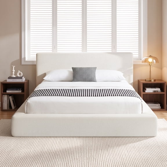Vanress Queen Size Bed Frame with Headboard, Cloud Upholstered Platform Bed Frame, 4 Inch Foam Cushioned, No Box Spring, Easy Assembly, Cream White