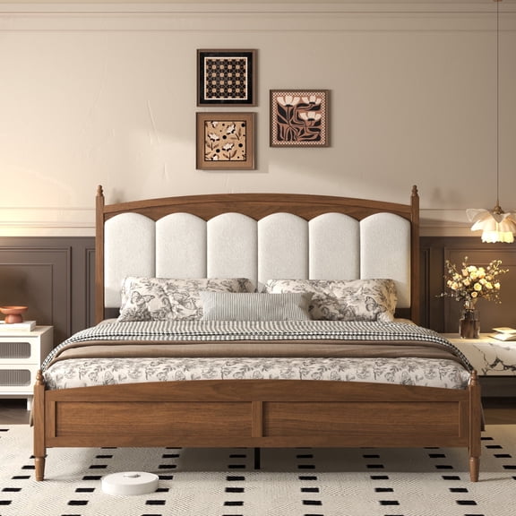Vanress King Platform Bed Frame, Mid-Century Modern Wood Bed Frame with Upholstered Headboard, Sturdy Wooden Slat Support, No Box Spring Needed, Easy Assembly, Brown