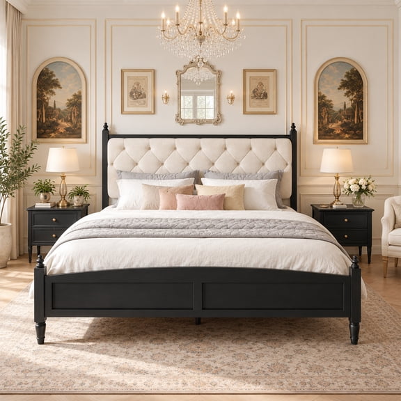 Vanress King Platform Bed Frame with Upholstered Headboard, Modern Wood Bed Frame, Heavy Duty Support, No Box Spring Needed, Easy Assembly, Black