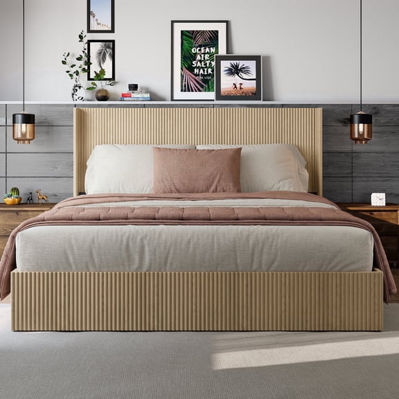 Vanress King Size Lift Up Storage Bed Frame, Rustuc Wood Platform Bed Frame with Wingback Headboard, Heavy Duty Wooden Slats, No Box Spring Needed, Noise Free, Oak