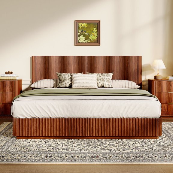 Vanress Modern King Size Bed Frame with LED Lights, Metal Platform Bed Frame with Headboard, Floating Base, Silent Heavy Duty Steel Frame Support, No Box Spring Needed, Walnut