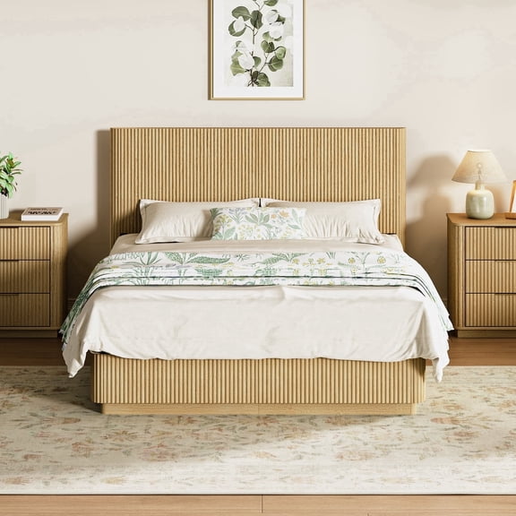 Vanress Modern Queen Size Bed Frame with LED Lights, Metal Platform Bed Frame with Headboard, Floating Base, Silent Heavy Duty Steel Frame Support, No Box Spring Needed, Natural