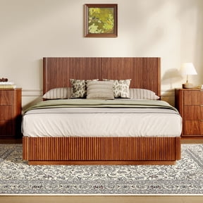 Vanress Modern Queen Size Bed Frame with LED Lights, Metal Platform Bed Frame with Headboard, Floating Base, Silent Heavy Duty Steel Frame Support, No Box Spring Needed, Walnut