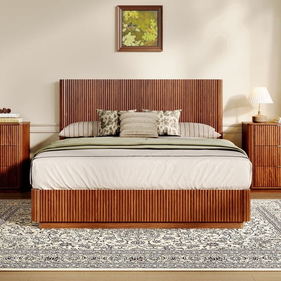 Vanress Modern Queen Size Bed Frame with LED Lights, Metal Platform Bed Frame with Headboard, Floating Base, Silent Heavy Duty Steel Frame Support, No Box Spring Needed, Walnut
