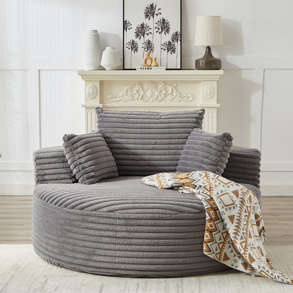 Vanress Oversized Round Chaise Longue Chair Indoor, Modern 55-inch Upholstered Corduroy Deep Seat Circle Single Cloud Lounge Floor Sofa Chair for Living Room, Bedroom Apartment, Grey