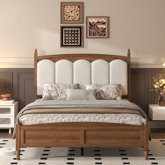 Vanress Queen Platform Bed Frame, Mid-Century Modern Wood Bed Frame with Upholstered Headboard, Sturdy Wooden Slat Support, No Box Spring Needed, Easy Assembly, Brown