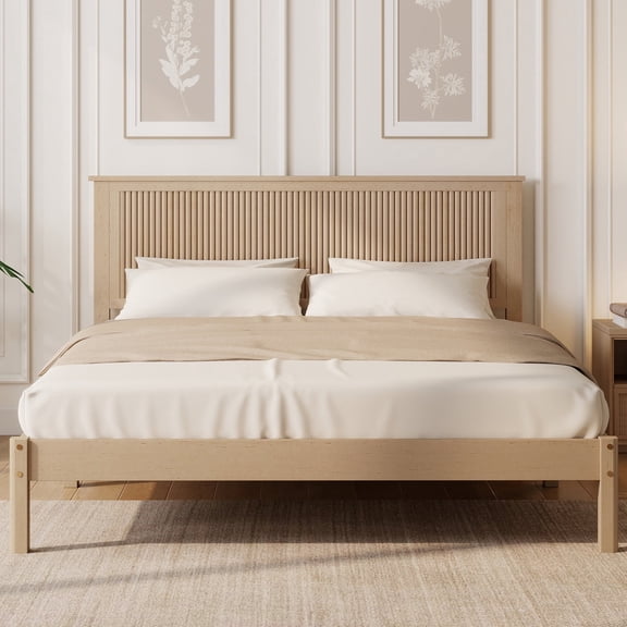 Vanress Queen Size Bed Frame with Wave-Styled Headboard, Modern Wood Platform Bed Frame, Under-Bed Storage, No Box Spring Needed, Sturdy Structure, Easy Assembly, Natural