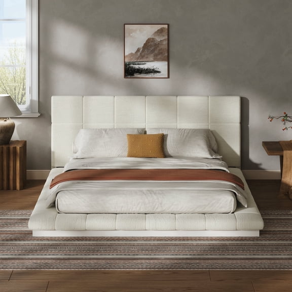 Vanress Queen Size Floating Bed Frame with Square Tufted Upholstered Headboard & Anti-Collision Padded Frame, Modern Metal Platform Bed, No Box Spring Needed, Easy to Assemble, Off-White