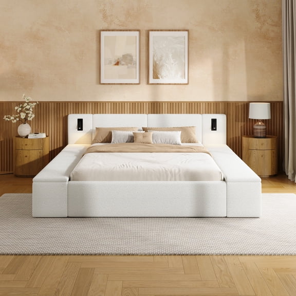 Vanress Queen Size Platform Bed Frame with Storage, Modern Wood Platform Bed Frame with Upholstered Teddy Fleece Headboard, Sturdy Wooden Slat Support, No Box Spring Needed, White
