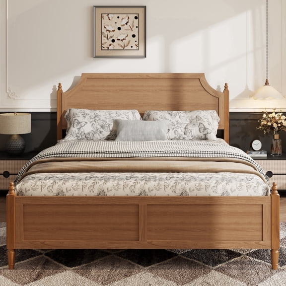 Vanress Queen Size Wood Bed Frame with Headboard and Footboard, Modern Farmhouse Platform Style, Heavy Duty Slat Support, Under Bed Storage, Noise-Free, No Box Spring Needed, Brown
