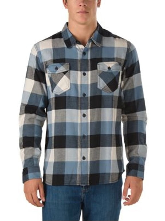 Men's Long Sleeve Box Flannel Plaid Shirt-Black/BlueMirage/Oatmeal