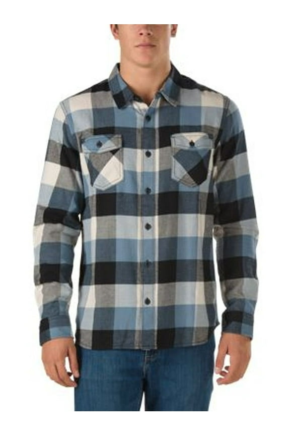 Men's Long Sleeve Box Flannel Plaid Shirt-Black/BlueMirage/Oatmeal