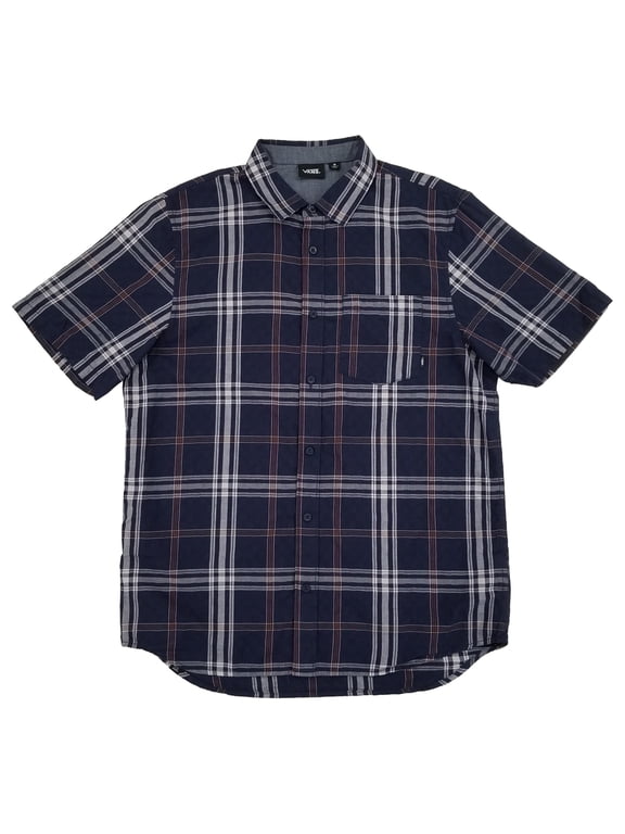 Mens Parisian Night Blue Plaid Short Sleeve Button-Down Shirt Medium