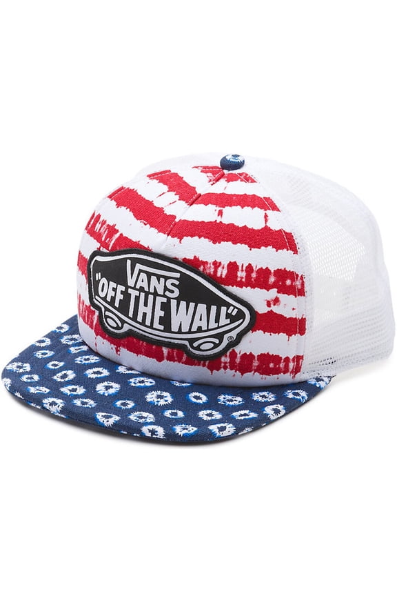 Off The Wall Women's Beach Girl Trucker Hat Cap - Dots and Stripes Blue/Red