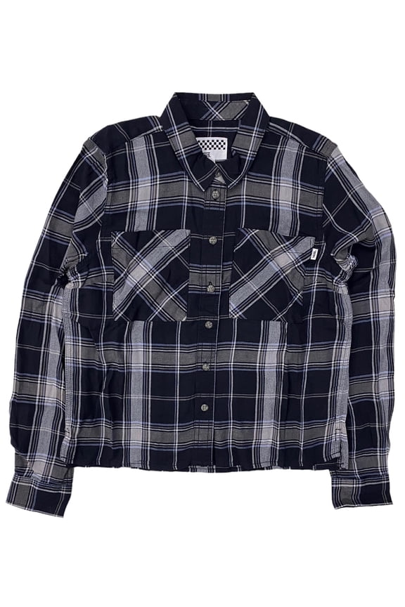 Off The Wall Women's Daisy Crop Long Sleeve Plaid Flannel Shirt (Small, Black/Gray)