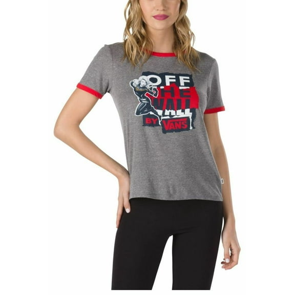 Vans Off The Wall Women's X Captain Marvel Ringer Tee T-Shirt in Grey Racing Red (X-Small)