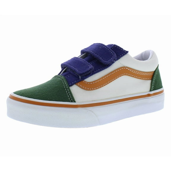 Vans Old Skool Velcro Suede PS Boys Shoes Size 3, Color: Twill Block Multi Colored/True White